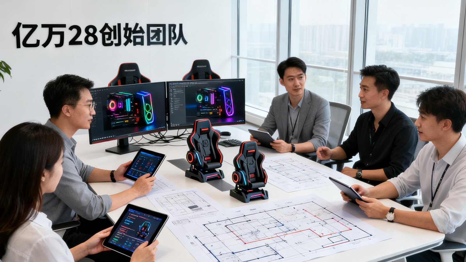 亿万28创始团队在现代化办公室讨论电竞社区发展规划
